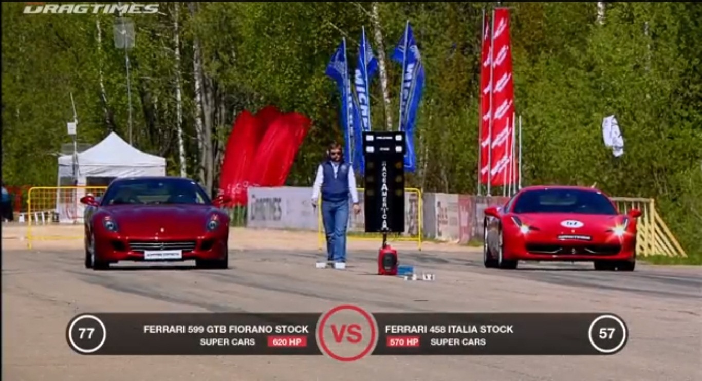 Ferrari 599 Fiorano vs Nissan GT-R, Ferrari 458 Italia, Porsche 911 Turbo, BMW M3 Drag Race Video