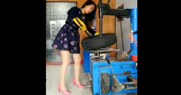 Pretty Japanese Girl Heavy Work Tire Replacement Machine 1