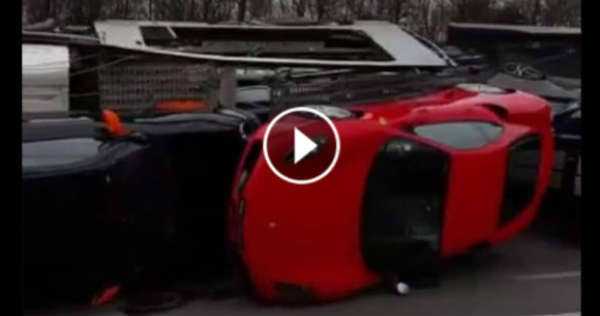 Truck Car Carrier 9 Exotic Cars Overturns Paris Lamborghini Gallardo Shelby GT500 Ferrari F430 2 TN