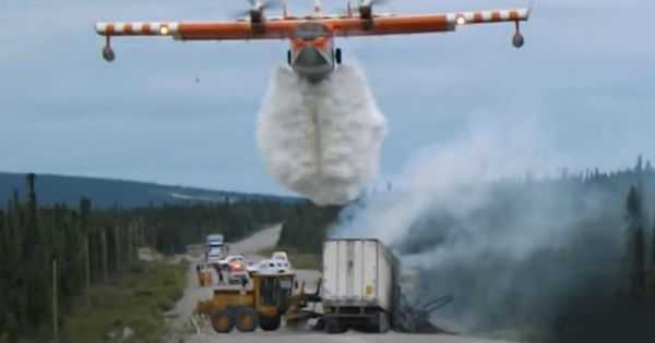 Amazing Moment When A Water Bomber Was Used To Extinguish Burning Lorry In Canada3