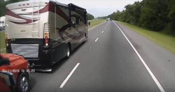 RV Blows Tire While Towing A Pickup Truck 1