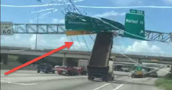Dump Truck Driver Lifted Trailer Destroys Highway Signs crash 2