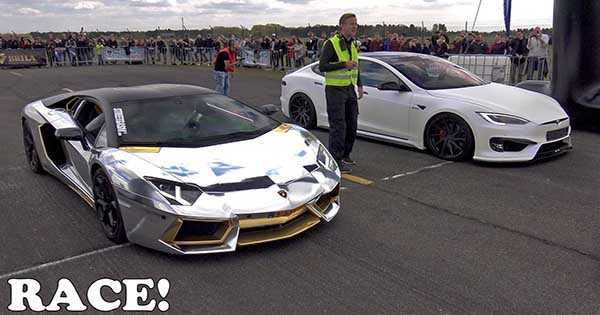 PD S1000 Model S Tesla vs Lamborghini Aventador Drag Race 1